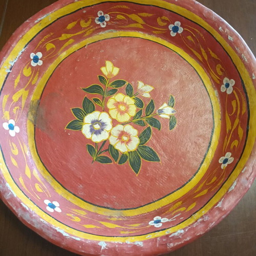 Vintage round papier-mâché table bowls hand-painted, used, set of 6