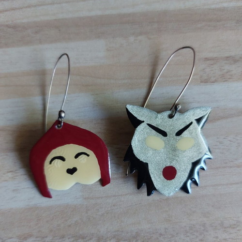 Red Riding Hood & Wolf Handmade Earrings, Like New, Silver Color