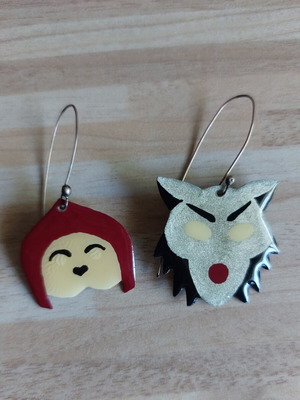 Red Riding Hood & Wolf Handmade Earrings, Like New, Silver Color