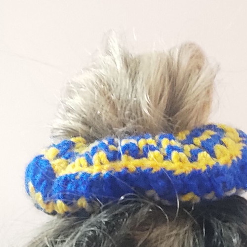 Handmade knitted scrunchie new, blue and yellow