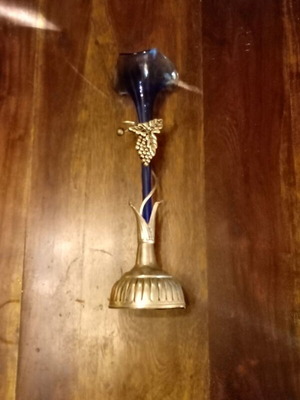 Vintage vase Cobalt Blue used, handmade glass with metal base