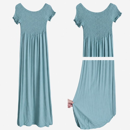 Boho Cotton Maxi Dress Sage Green Elastic Shirring One Size Plus