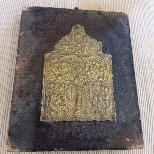 Vintage icon cast brass on wood used 17x14 cm