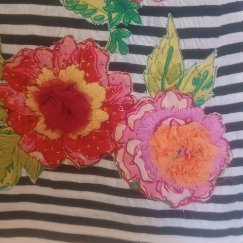 Derhy striped women's top with floral embroidery, size M