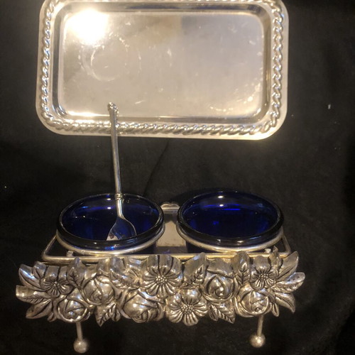 Vintage Art Nouveau salt and pepper set with cobalt blue glass, like new
