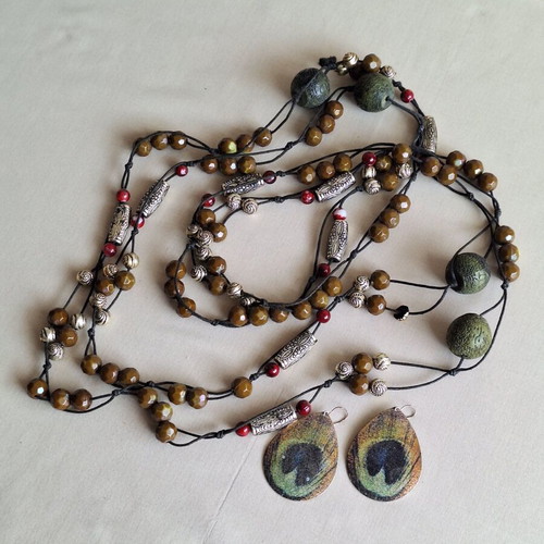 Boho Ethnic Jewelry Set with Long Beaded Necklace and Peacock Earrings like new