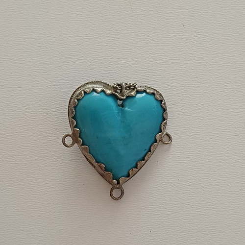 Antique Heart Amulet with Natural Turquoise and Silver, used, rare ex-voto