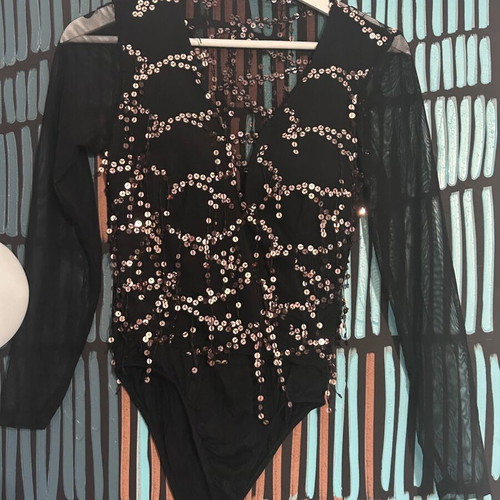 Women's black lace evening sequined bodysuit top size S-M new