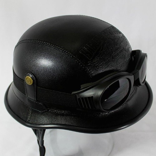 Luis handmade vintage motorcycle helmet with goggles, black matte, size L