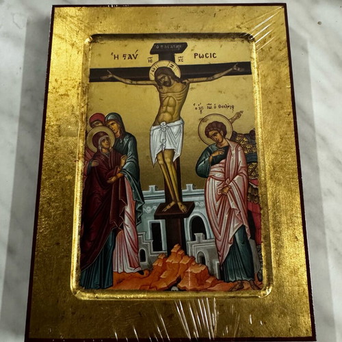 Byzantine Crucifixion icon like new, wood with gold leaf