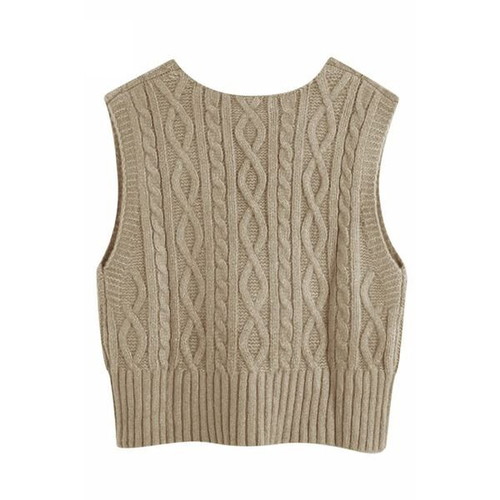 Women's knitted vest with V-neck, khaki, size S