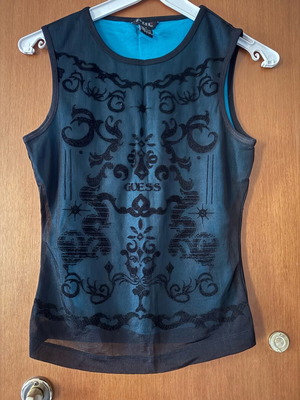 Guess Y2k women's sleeveless top with transparent black tulle texture like new