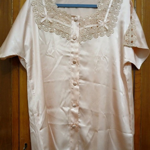 Satin pajamas new, pastel salmon with lace details, small-medium