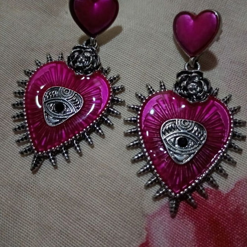 Retro Gothic Earrings Pink Hearts new, metal silver