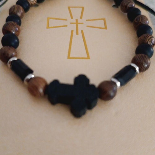 Rosary bracelet with wooden and plastic beads, black and brown, new