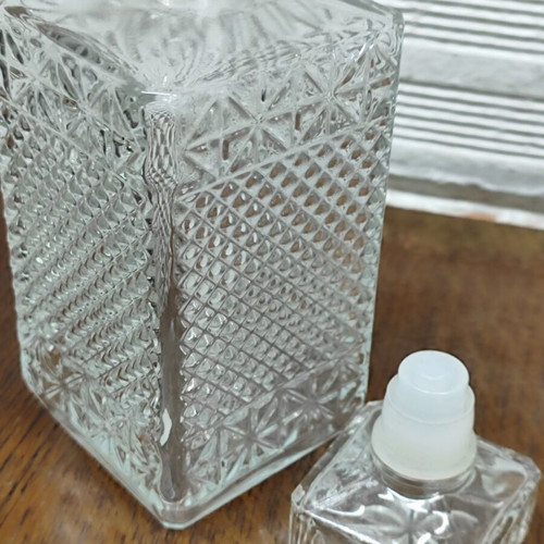 Vintage Glass Decanter with Embossed Geometric Design used