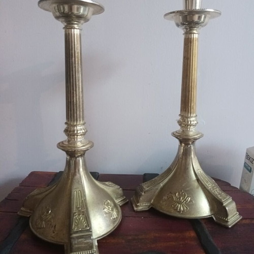 Antique candlesticks used, set of 2, 33 cm height