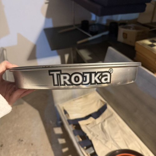 Serving trays used, set of 6, including one Trojka, 2 medium black, 3 large black