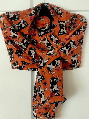 Columbus silk scarf like new, colorful orange with cow and flower design