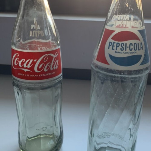 Pepsi Cola and Coca Cola glass bottles 1 litre 1980s, pack
