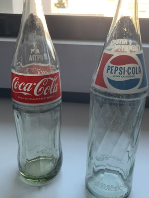 Pepsi Cola and Coca Cola glass bottles 1 litre 1980s, pack