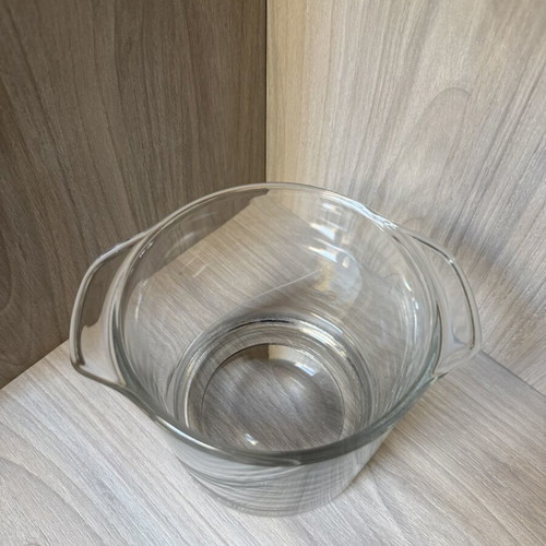 Glass ice bucket like new with handles and decorative matte engraving