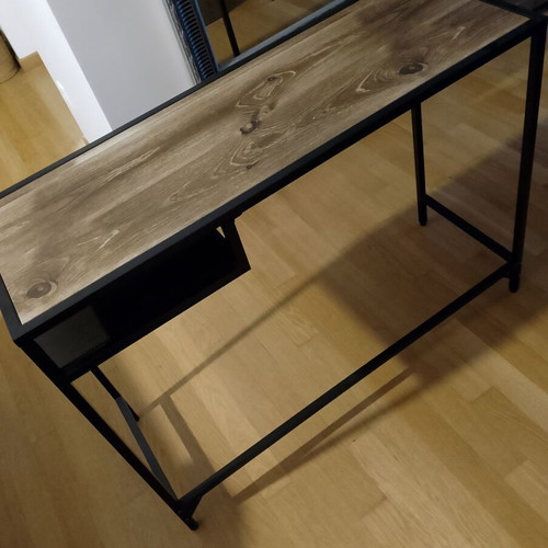 Mini console table like new, metal frame with wood effect glass top