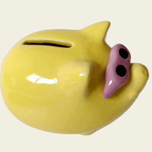 Vintage ceramic yellow piggy bank like new with glasses