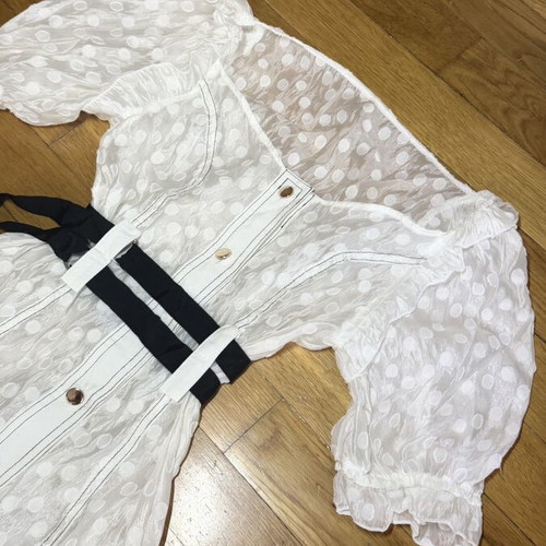 Midi dress S like new, white with puff sleeves and black waist ties