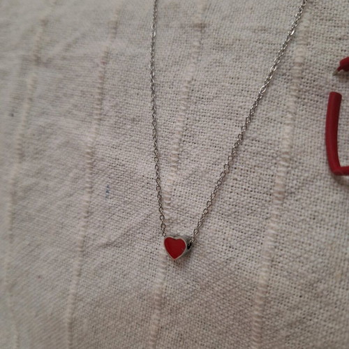Necklace and earrings set like new, steel and rubber, red-silver