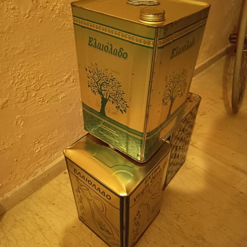 Olive oil for soap making, 51 liters total, 3 metal containers