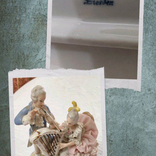 Vintage Dresden Potschappel porcelain figurine lady and man playing harp and violin like new