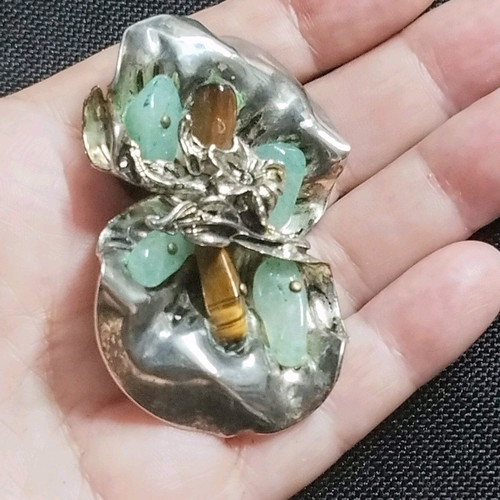 Handmade brooch with natural stones used, aventurine and tiger's eye