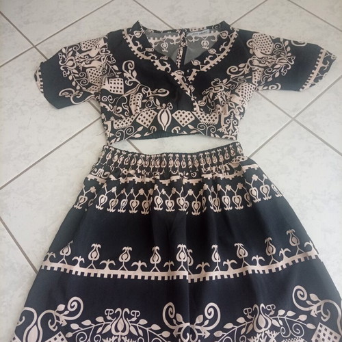 Summer set top with skirt, black and beige, viscose fabric