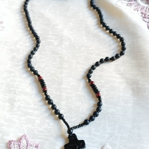 Men's Rosary Necklace with Black Cross and Beads, New