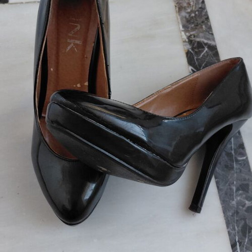 Black patent leather women's pumps, 12 cm heel