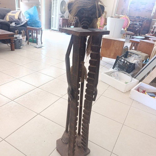 Vintage handmade ethnic wooden CD stand statue