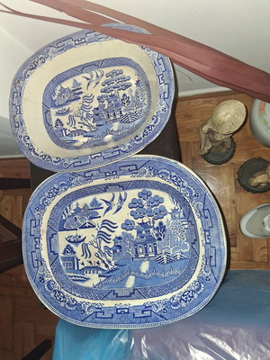 Blue Willow Oval Serving Platters used, set of 2, Syros porcelain