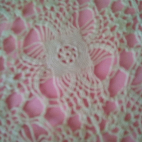 Table linens set used, small beige doily and ecru square