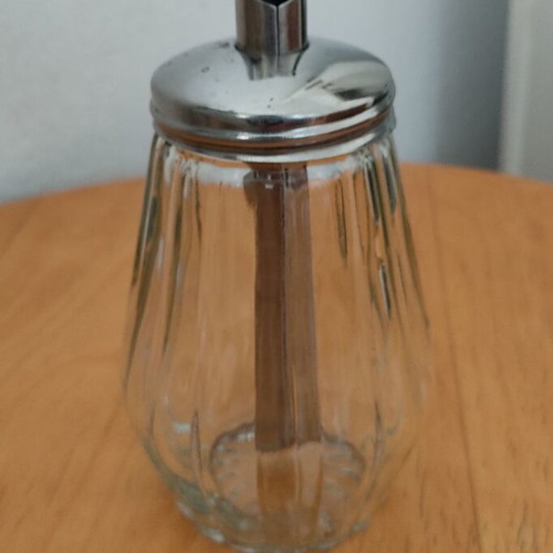 Vintage glass sugar dispenser with metal spout, mid-century German design