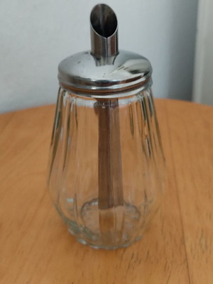 Vintage glass sugar dispenser with metal spout, mid-century German design