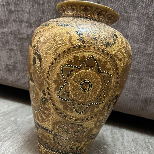 Satsuma Japanese ceramic vase set 1957, 2 pieces with authentic stamps