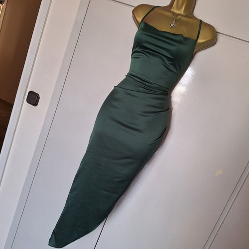 Green satin dress with cross back and slit, size medium
