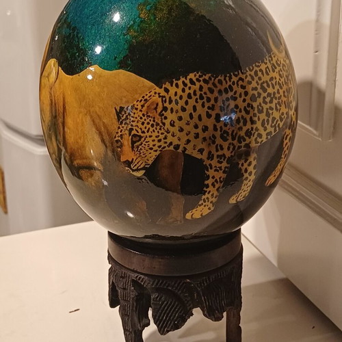 Hand-painted Ostrich Egg with Wooden Base, African Safari
