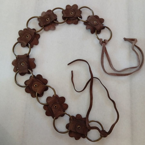 Vintage boho leather belt with metal rings used, brown