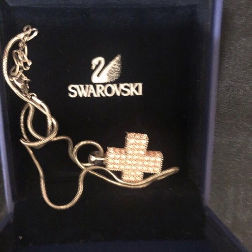 Swarovski pink cross necklace like new with crystals