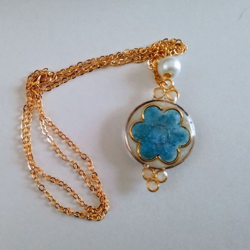 Handmade spring necklace new with blue, white and gold colors