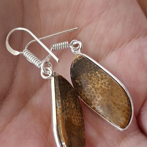 Fossilized Coral Earrings with Opal Finish, Handmade, 925 Silver Plated, new