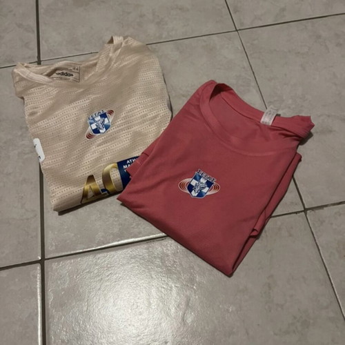 Adidas marathon t-shirts, pink and gold, size L
