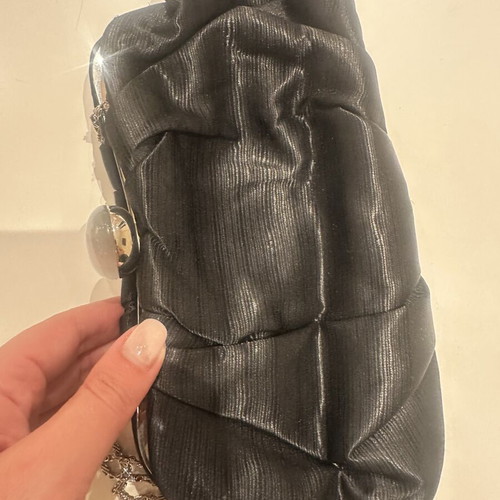 Clutch satin with white pearl and removable silver shoulder chain like new